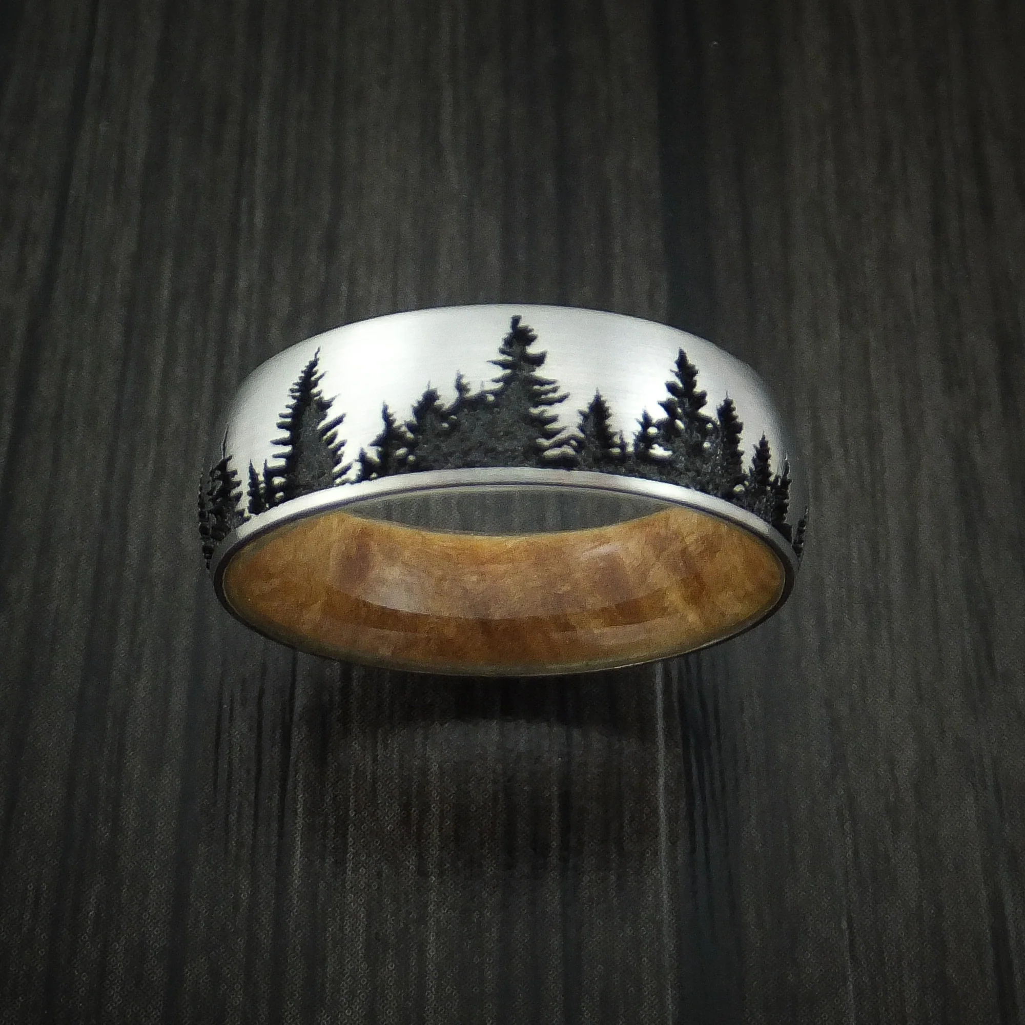 Titanium Men's Ring with Spruce Pine Tree Design and Hardwood Sleeve Custom Made Band - Image 2