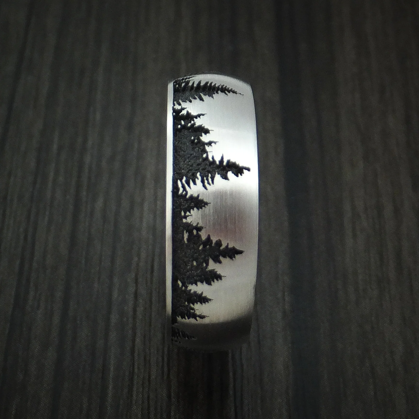 Titanium Men's Ring with Spruce Pine Tree Design and Hardwood Sleeve Custom Made Band - Image 3