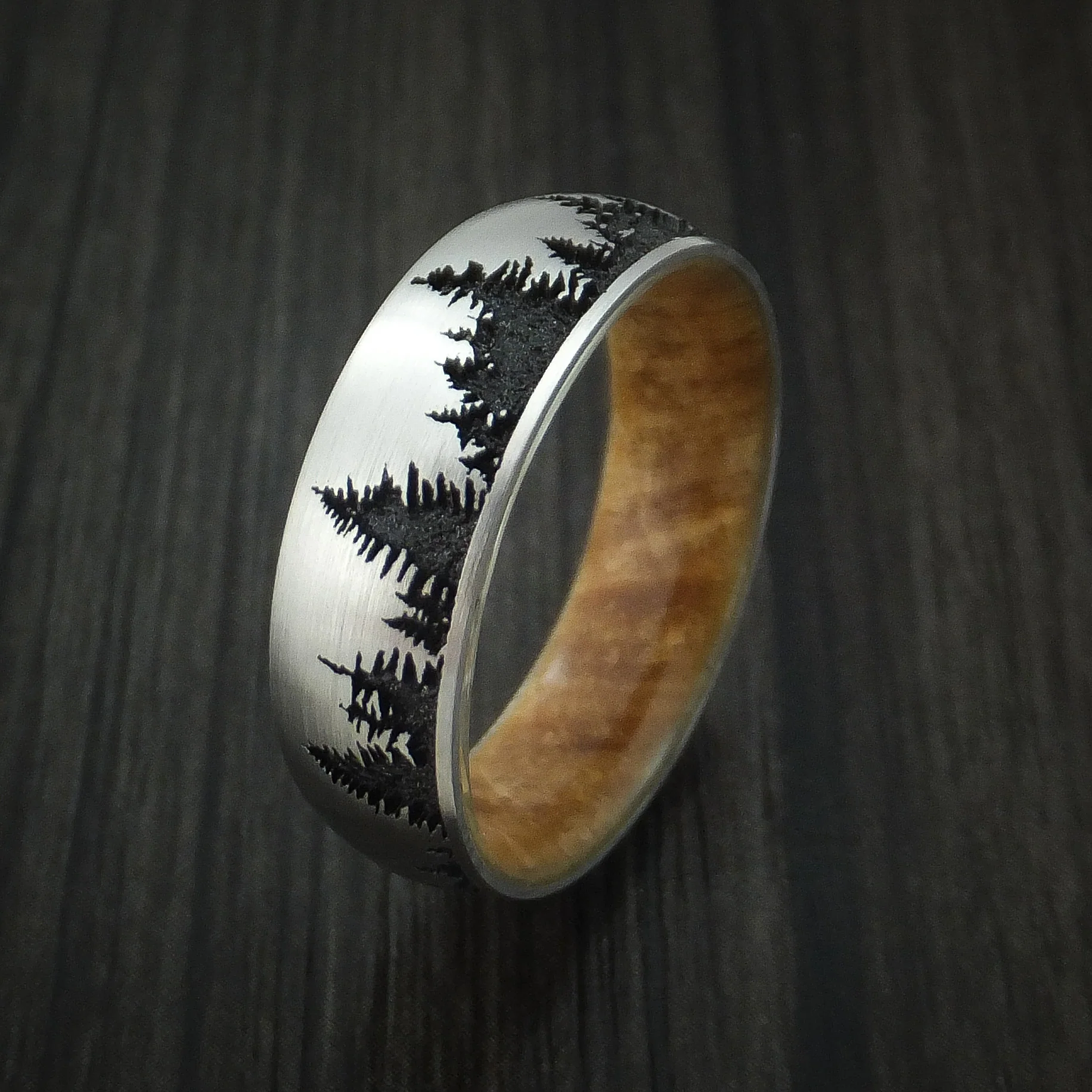 Titanium Men's Ring with Spruce Pine Tree Design and Hardwood Sleeve Custom Made Band - Image 4