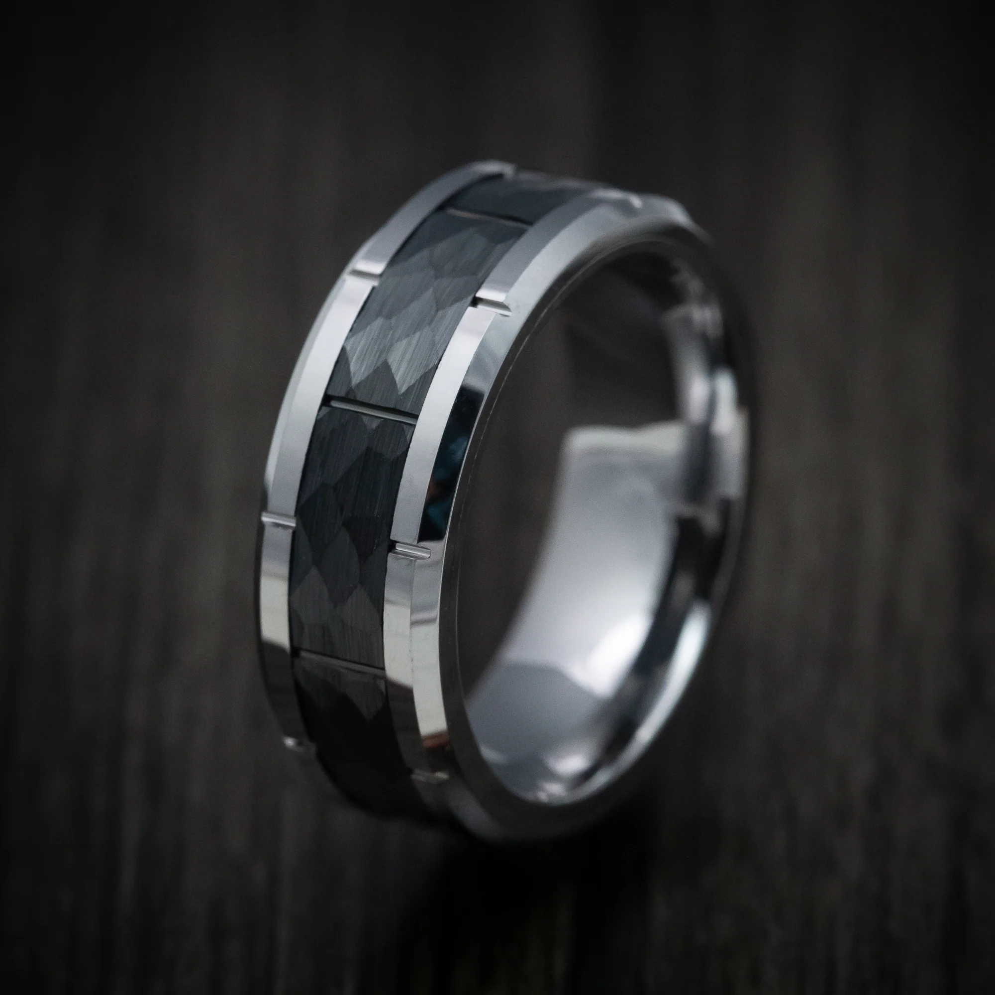 Tungsten and Black Tungsten Hammered Men's Ring - Image 3
