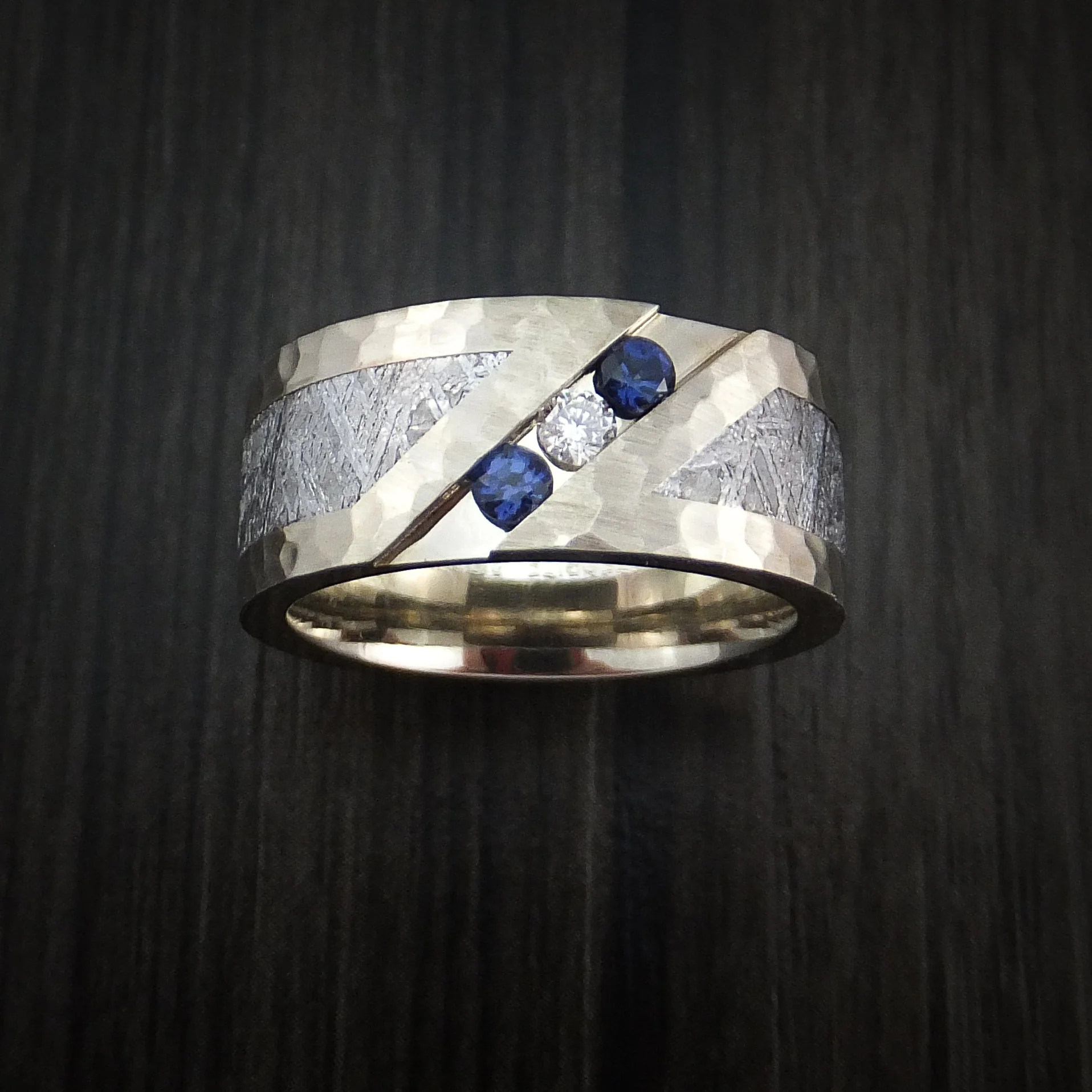 White Gold and Meteorite Hammered Men's Band with Diamond and Sapphires Custom Made - Image 2