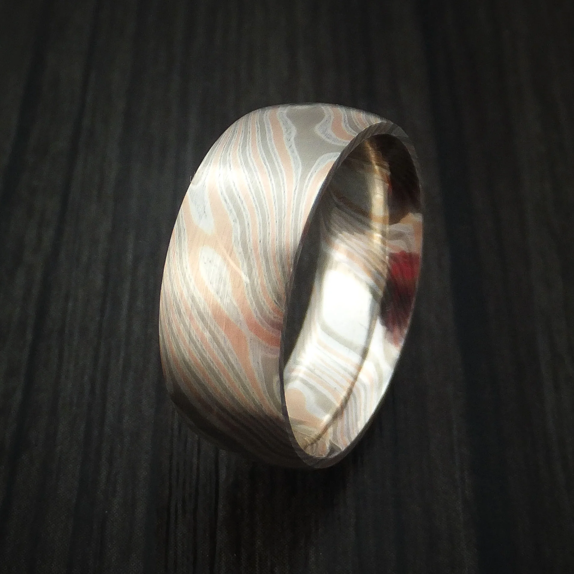 White Gold, Silver and Rose Gold Mokume Men's Ring Custom Made Band - Image 4