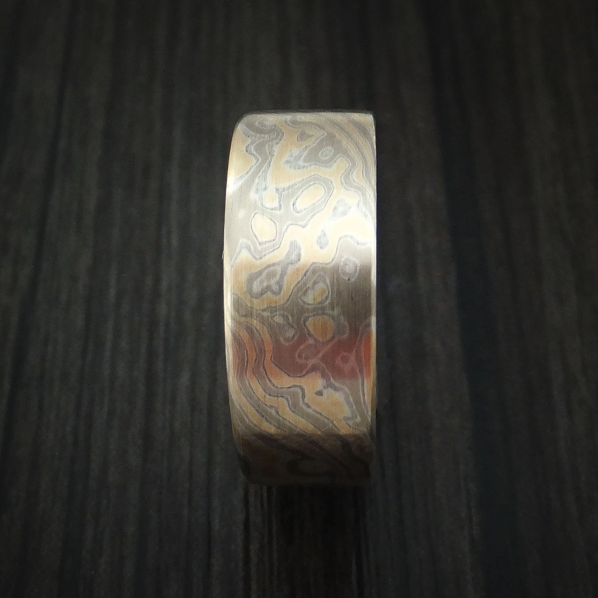 White Gold, Silver and Yellow Gold Mokume Men's Ring Custom Made Band - Image 3
