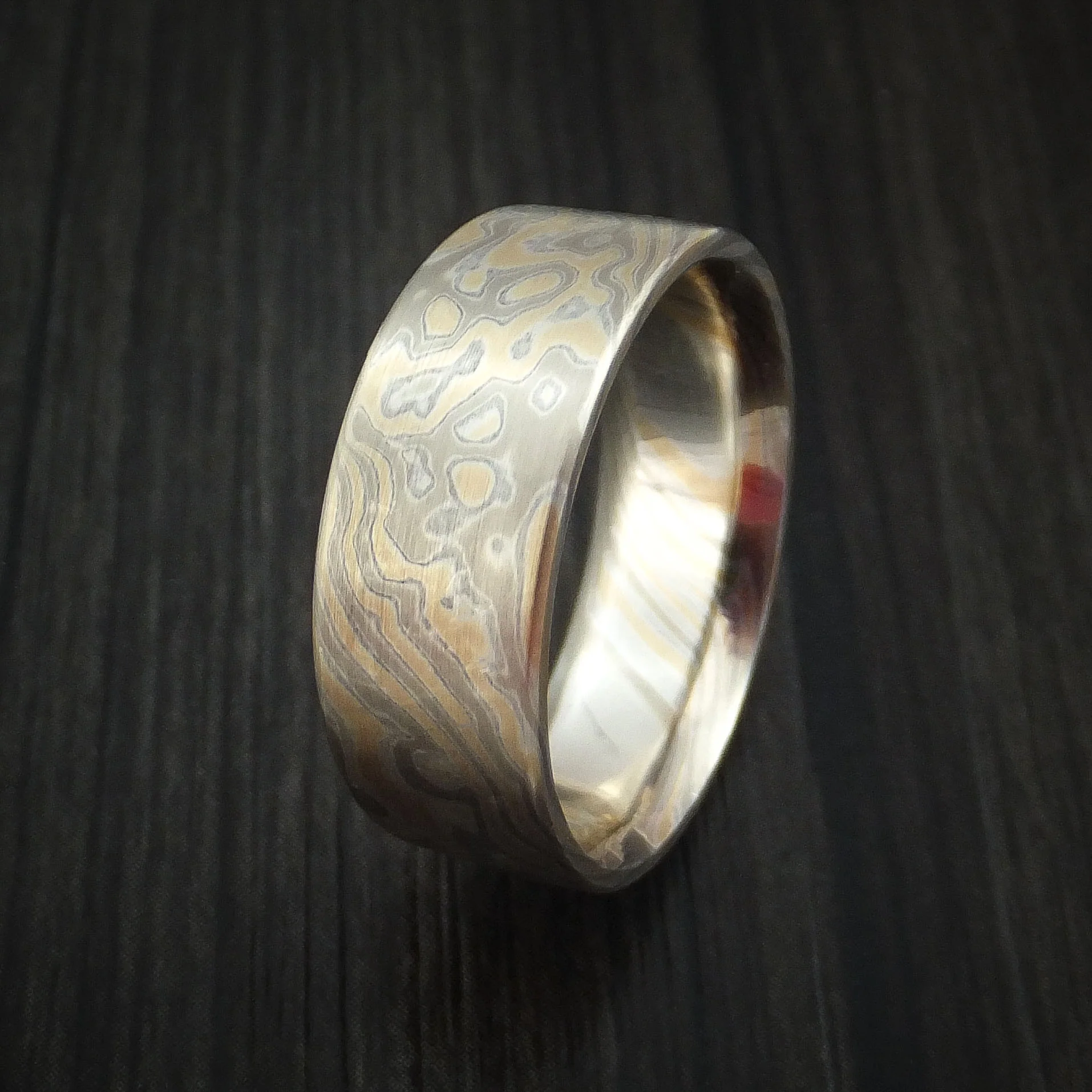 White Gold, Silver and Yellow Gold Mokume Men's Ring Custom Made Band - Image 4