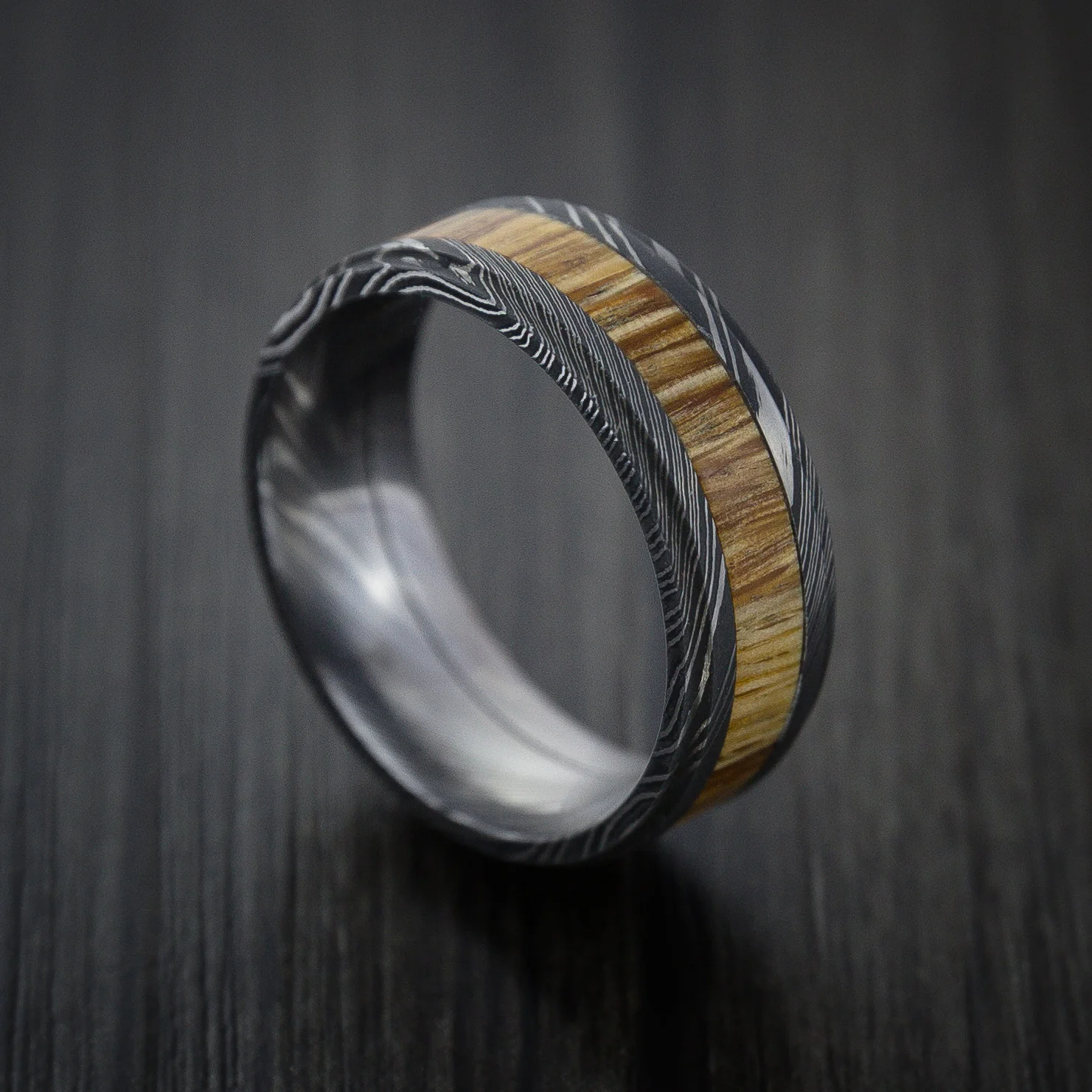 Damascus Steel Men's Ring Inlaid with Teak Hardwood Custom Made