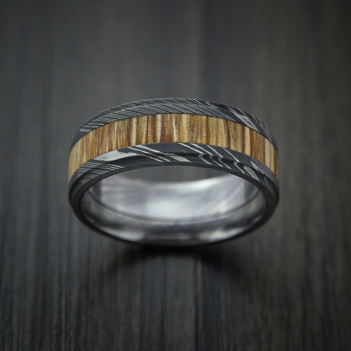 Damascus Steel Men's Ring Inlaid with Teak Hardwood Custom Made - Image 2