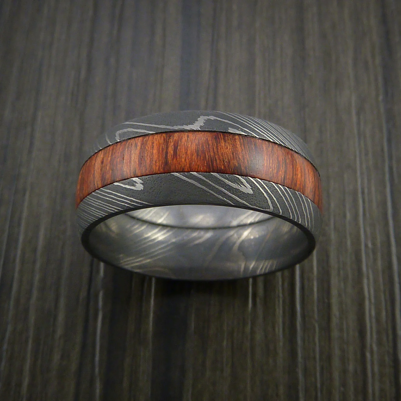 Damascus Steel Men's Ring with Wood Inlay Custom Made Wedding Band - Image 2