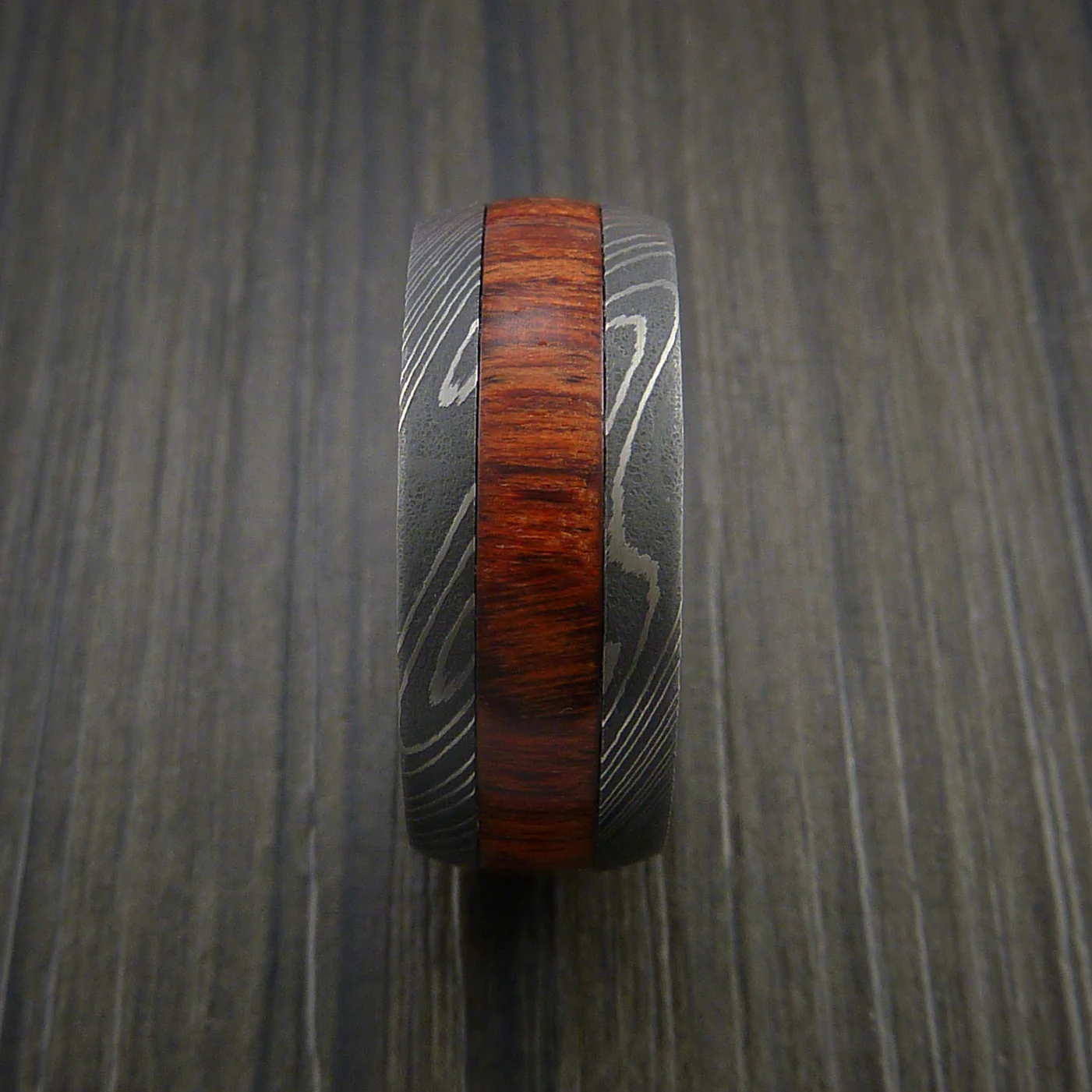 Damascus Steel Men's Ring with Wood Inlay Custom Made Wedding Band - Image 3