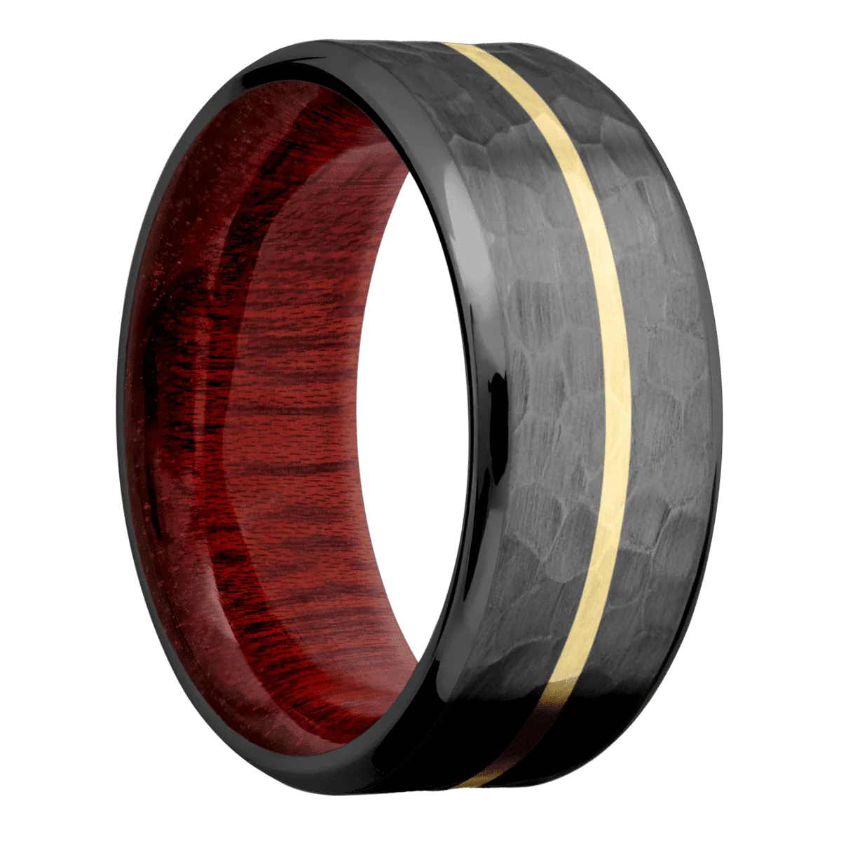 Zirconium + Hammer , Polish Finish + Blood Wood